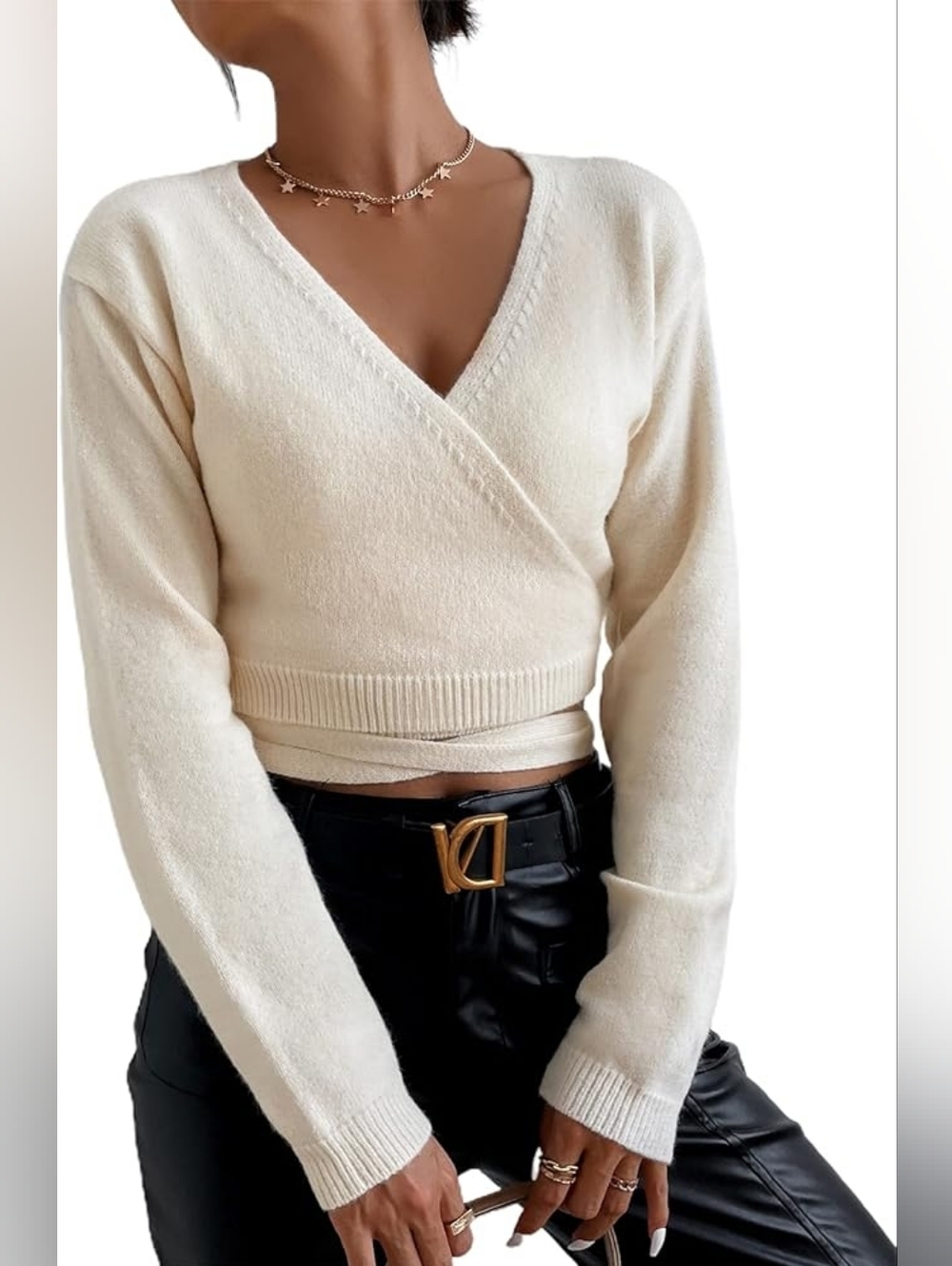 Women's Casual Deep V Neck Long Sleeve Cross Wrap Sweater Top Cream/Beige S